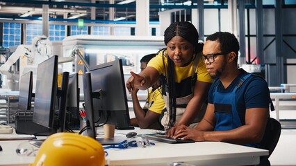 Poster - african american colleagues analyze power data from solar production line, teamwork gathered around 