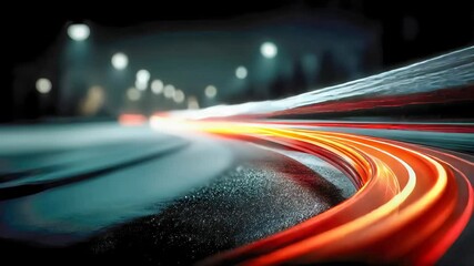 Poster - Dynamic long exposure of bright light trails on a wet road at night, capturing speed and motion blur