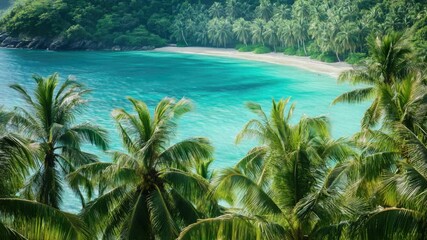 Wall Mural - A serene beach scene with palm trees in the foreground.
