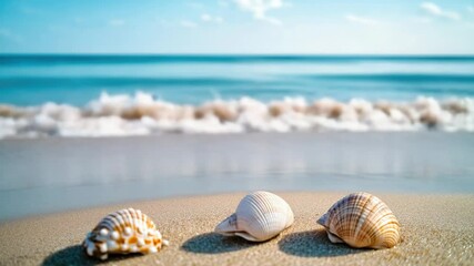Wall Mural - Three seashells lying on a sandy beach near the ocean, great for travel or summer-themed projects.
