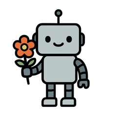 Poster - A cute cartoon robot holds a flower, embodying a harmonious fusion of technology and nature. The robot's gentle smile and the flower creates a whimsical and optimistic scene.