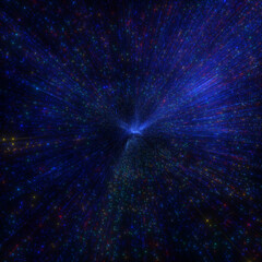 Poster - Abstract background of bright, colorful light streaks and particles radiating from a central point, creating a sense of speed, motion, and cosmic or digital exploration. 3D render