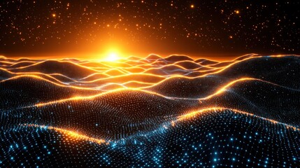 Fototapete - Digital landscape at sunrise, glowing particles