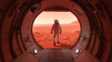 Wall Mural - an astronaut exits a habitat on mars, stepping onto the red terrain while exploring the potential fo