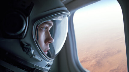 Wall Mural - an astronaut gazes out from a spacecraft window, observing the martian landscape below. the mission 