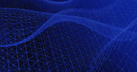 Poster - Dynamic, flowing blue lines and dots on a dark background form an abstract digital network and data wave, resembling a tech grid or cyber network. 3D render.