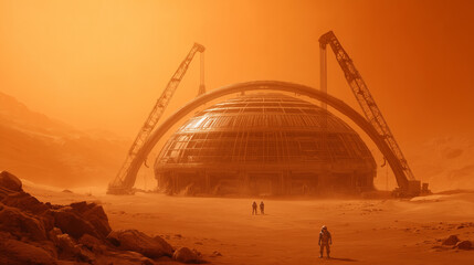 Wall Mural - engineers and astronauts collaborate to establish a martian base amidst the rust-colored landscape. 