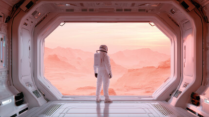 Wall Mural - an astronaut stands in a modern habitat, gazing through a large window at the expansive martian land
