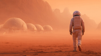 Wall Mural - an astronaut walks across the red, dusty surface of mars toward a series of futuristic domes used fo