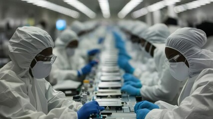 Poster - Workers in cleanroom conducting precision tasks in technology manufacturing facility