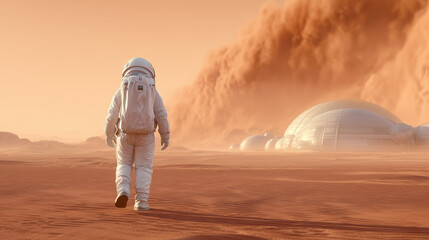 Wall Mural - an astronaut in a spacesuit navigates the martian landscape, approaching a newly established base as