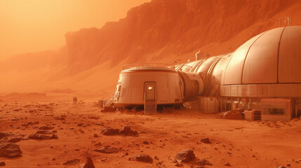 Wall Mural - a futuristic martian base stands constructed on the surface of mars, surrounded by rocky terrain and