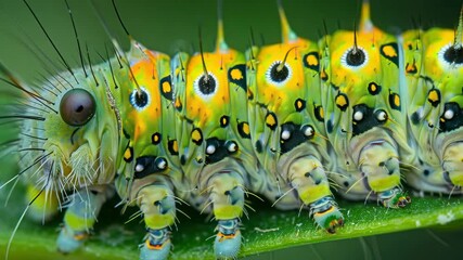 Aufkleber - Colorful caterpillar displays vibrant patterns while feeding on a green leaf in a tropical garden during daylight hours