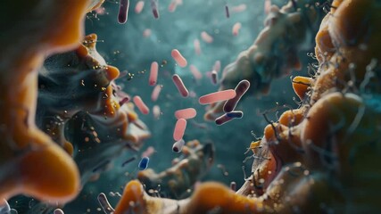 Poster - Exploring microscopic life in a vibrant environment filled with colorful bacteria in a complex ecosystem at the cellular level