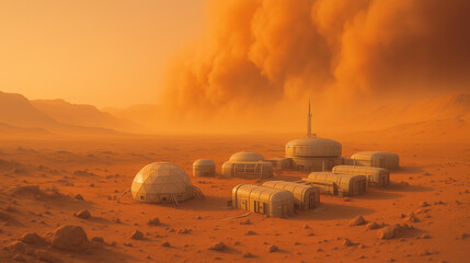 Wall Mural - a collection of habitats designed for human life stands resilient against a swirling dust storm on m