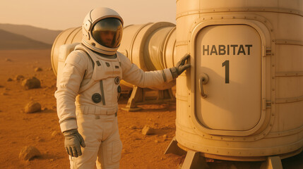 Wall Mural - an astronaut in a spacesuit approaches habitat on the martian surface, surrounded by red rocky terra