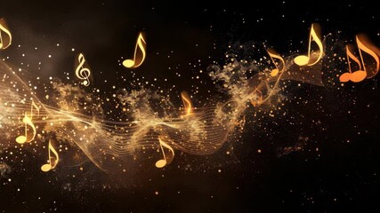 Poster - Elegant golden music notes swirl through a dark background creating a magical atmosphere filled with rhythm and harmony in a mesmerizing visual display