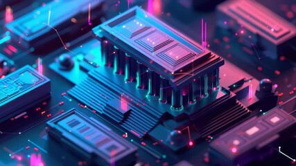 Poster - Exploring a futuristic digital landscape filled with vibrant neon architecture and intricate circuit designs