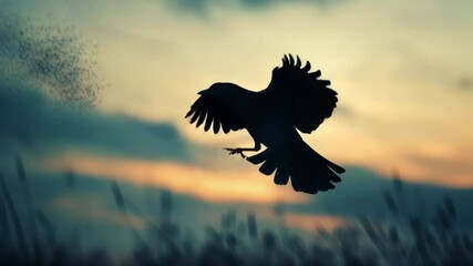 Aufkleber - Crow takes flight at sunset over a tranquil landscape filled with tall grass