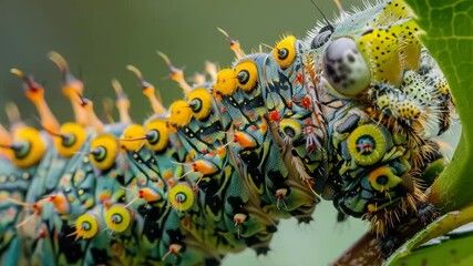 Aufkleber - Colorful caterpillar exploring a leafy habitat in a vibrant forest during the warm summer months