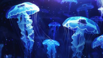 Aufkleber - Colorful jellyfish swim gracefully in a dark underwater setting, showcasing their bioluminescent features to create a mesmerizing display