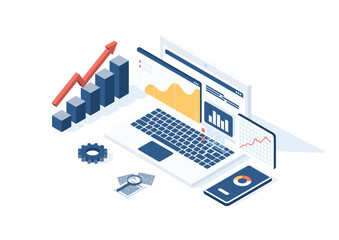 Poster - Isometric laptop displaying graphs, charts, and dashboards surrounded by data tools, representing financial growth, analysis, and digital reporting.