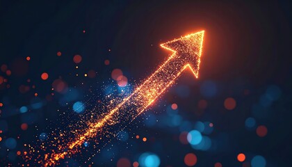 Poster - Bright glowing arrow upward composed of sparkles and light particles representing growth progress pointing northeast on dark blurred background