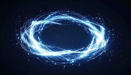 Poster - Dynamic glowing blue energy swirl vortex with sparkling particles radiating light and motion in a dark background for futuristic technology and sci fi themes