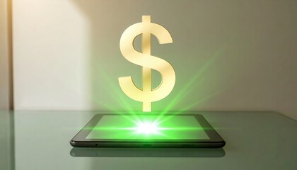 Poster - Digital currency concept with glowing dollar sign floating above smartphone on sleek modern surface with soft lighting and gradient background