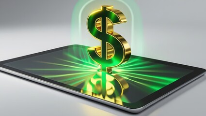 Poster - Innovative digital financial concept with glowing dollar sign emerging from smartphone screen representing mobile banking and digital currency technology