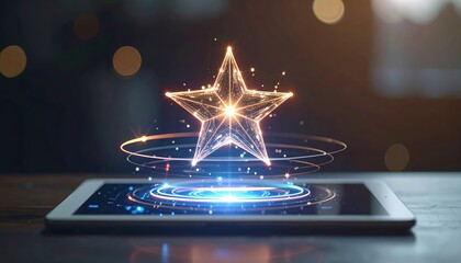Poster - Digital hologram star projection emerging from a modern tablet computer on a dark blurred background representing advanced technology and innovation