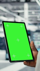 Poster - Vertical video Data center IT expert uses mockup tablet, reviewing performance dashboards of equipment rigs. Server room manager overseeing systems, examining infrastructure on chroma key device