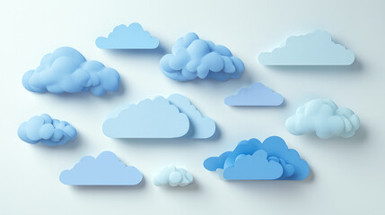 Poster - Multiple pastel blue 3D rendered clouds arranged on a white background