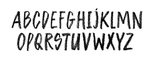 Poster - Charcoal English alphabet. Crayon drawn doodle kids font with freehand pencil texture. Vector doodle funky playful alphabet for educational banners, school and kindergarten design.