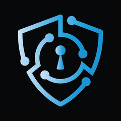 Poster - The image shows a logo design of a shied made of node transistor lines with a keyhole at the center in blue white gradient that looks clean on a black background for cyber security company. 

