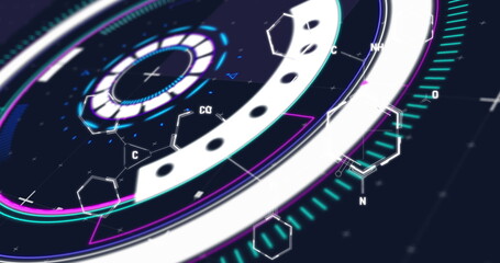Poster - Displaying HUD interface rotating cyan rings at control panel, with hexagon molecular icons labeled