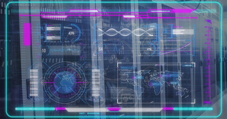 Poster - Floating holographic UI hovering in control bay, showing world map, DNA waveform, gauges, charts