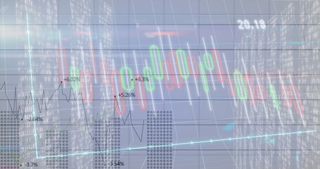 Poster - Displaying candlestick bars and line graph over urban skyline at night, with percentage labels