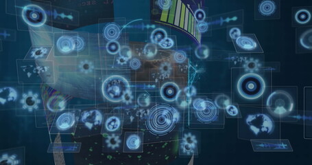 Poster - Floating holographic UI widgets forming display in dark space, with circular HUDs and bar charts