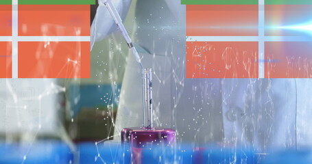 Poster - Gloved scientist using micropipette over purple vial stand in lab, with network node overlay