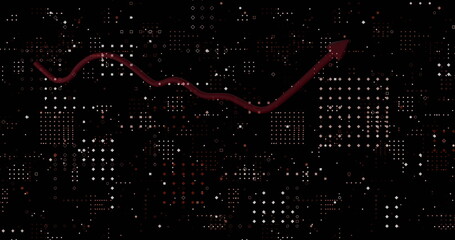 Poster - Rising maroon-red wavy arrow line traversing abstract digital background, with pixel dot clusters