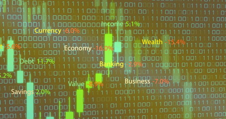Poster - Displaying visualization on screen with candlestick bars, binary stream, colored percentages