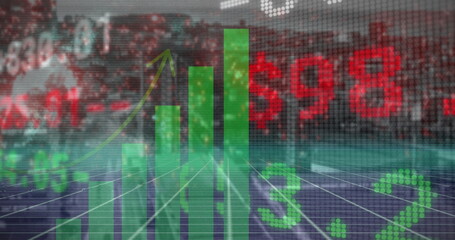 Poster - Displaying green bar chart rising with arrow over trading screen, indicating market momentum