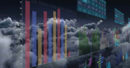 Poster - Floating panels hovering above clouds in simulation showing vivid bar and line charts ticker tables