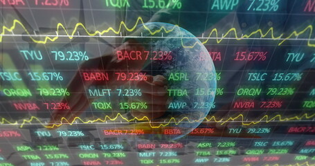 Poster - Cupping business hands displaying floating Earth globe on finance display with ticker symbols