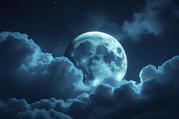 Wall Mural - Dramatic Blue Moon Peeking Through Thick Night Clouds