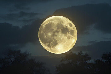 Wall Mural - Yellow Harvest Moon Rising Above Silhouetted Treetops