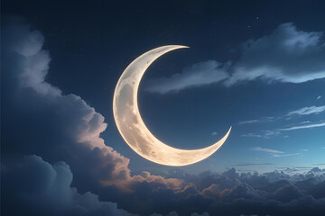 Wall Mural - Realistic Crescent Moon Glowing in a Serene and Cloudy Night Sky