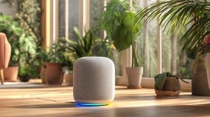 Poster - Smart speaker in a minimal interior, connected to music, lights, and reminders