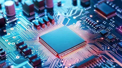 Poster - Close-up of a modern microprocessor on a intricate circuit board with glowing LED elements in blue and red tones
